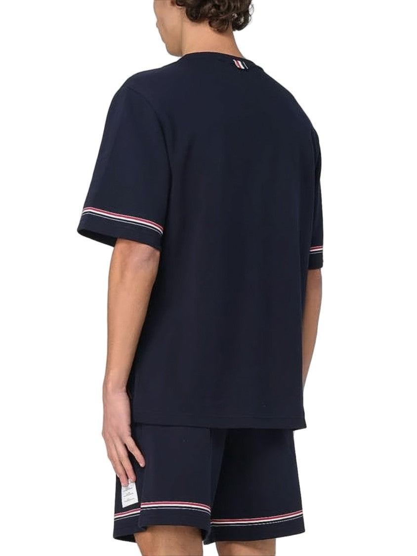 Thom Browne Navy Blue Cotton T-Shirt With Striped Trim