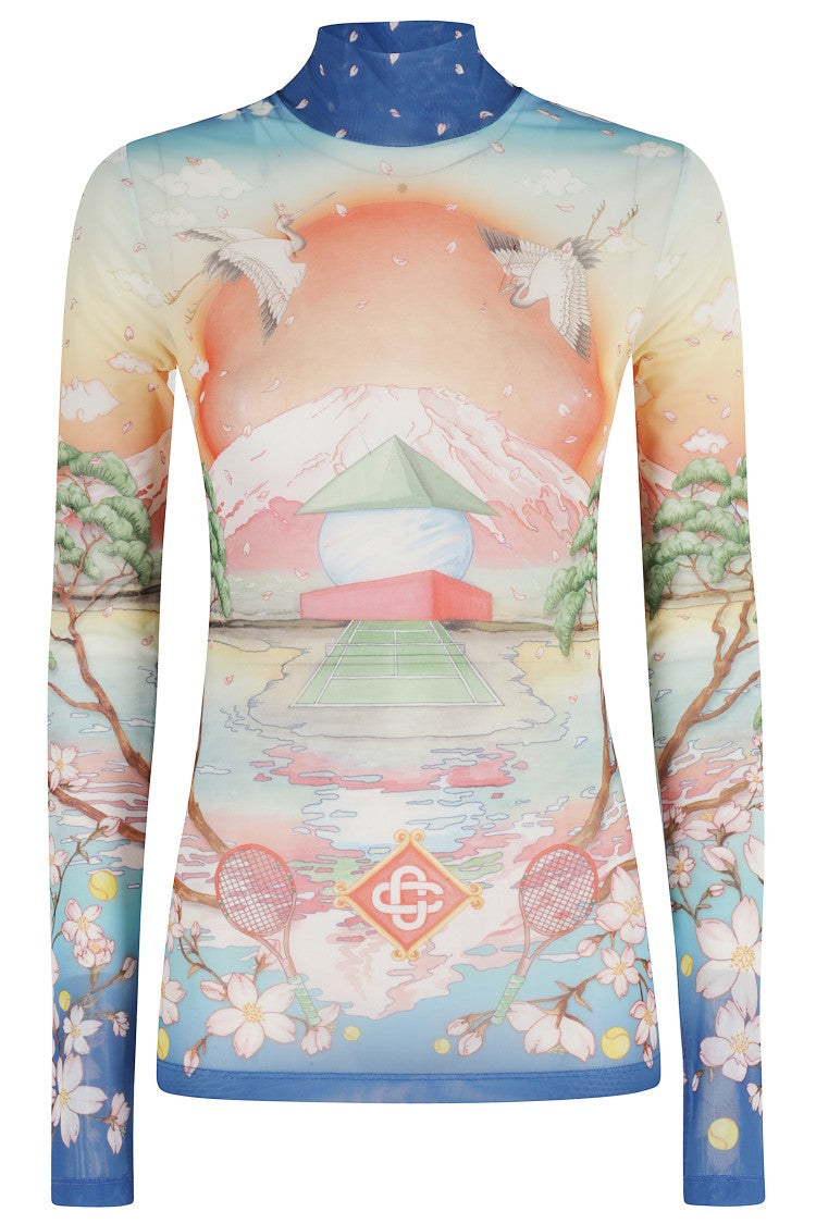 Casablanca High Neck Tulle Top With Multicolor Landscape Print