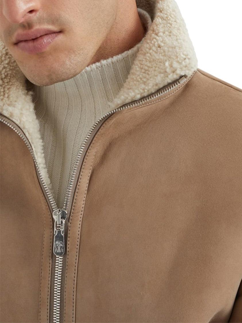 Brunello Cucinelli Suede-Like Shearling Jacket With Ribbed Detailing