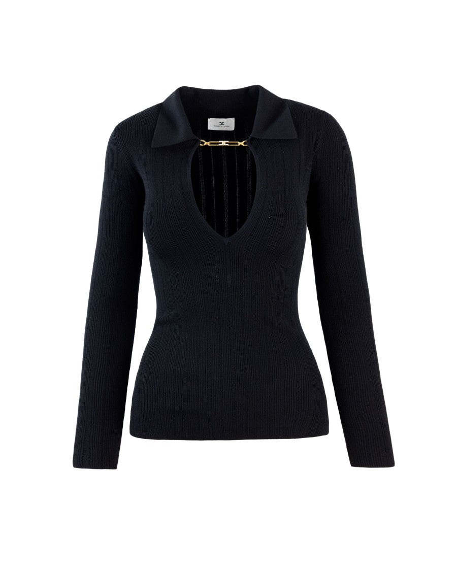 Elisabetta Franchi Ribbed Knit Top With À Jour Detailing Black