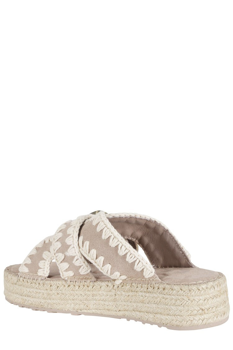 Mou Beige Jute Crochet Trim Adjustable Strap Suede Sandals