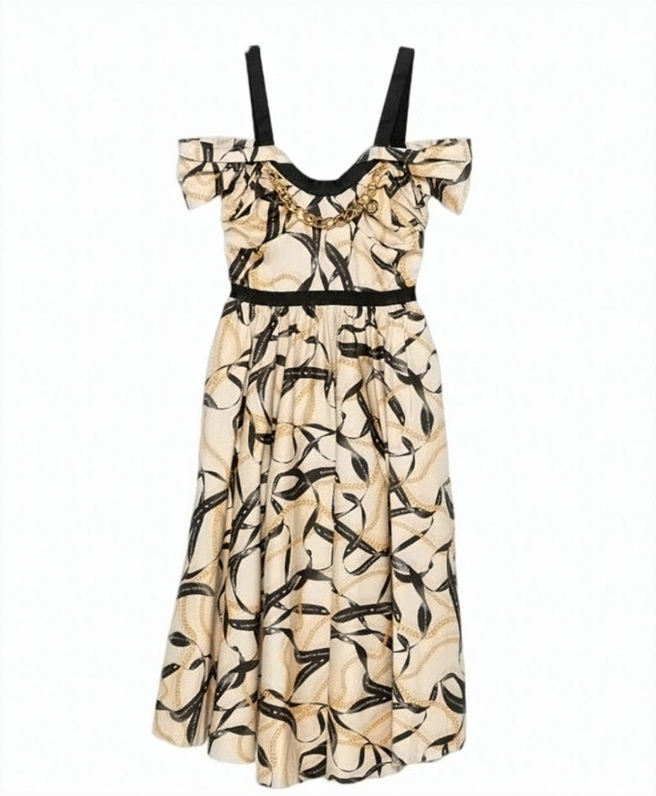 Elisabetta Franchi Ribbon Print Off Shoulder Dress