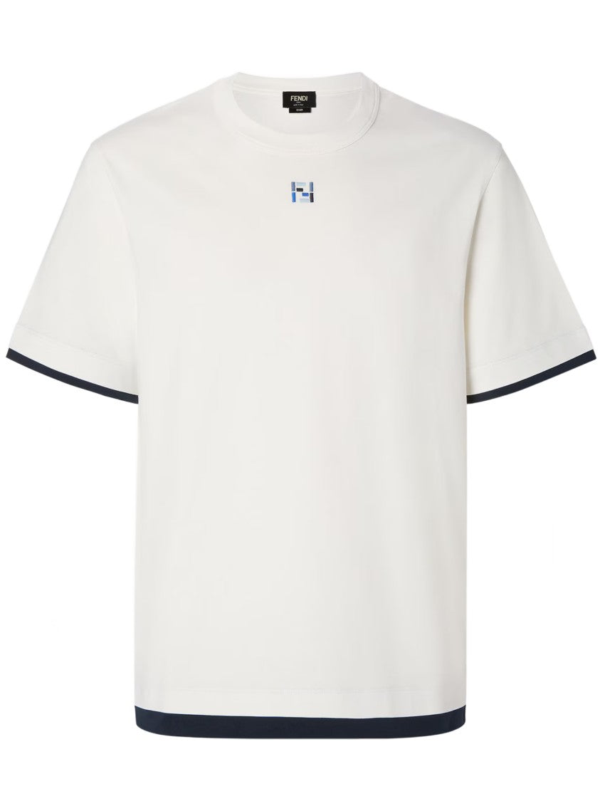 Fendi Boxy-Fit White T-Shirt With Navy Blue Trim And Geometric Logo