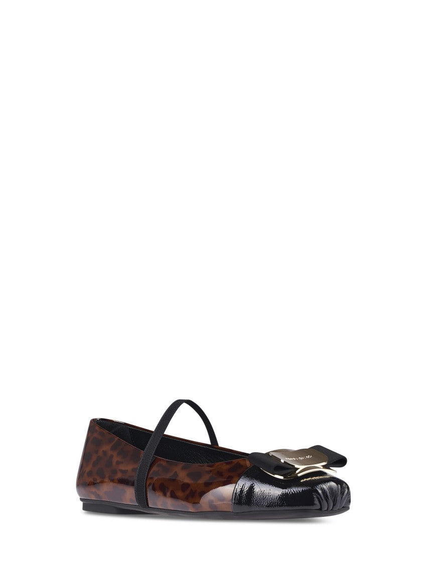 Ferragamo Glossy Patent Flats With Leopard Print And Decorative Bow