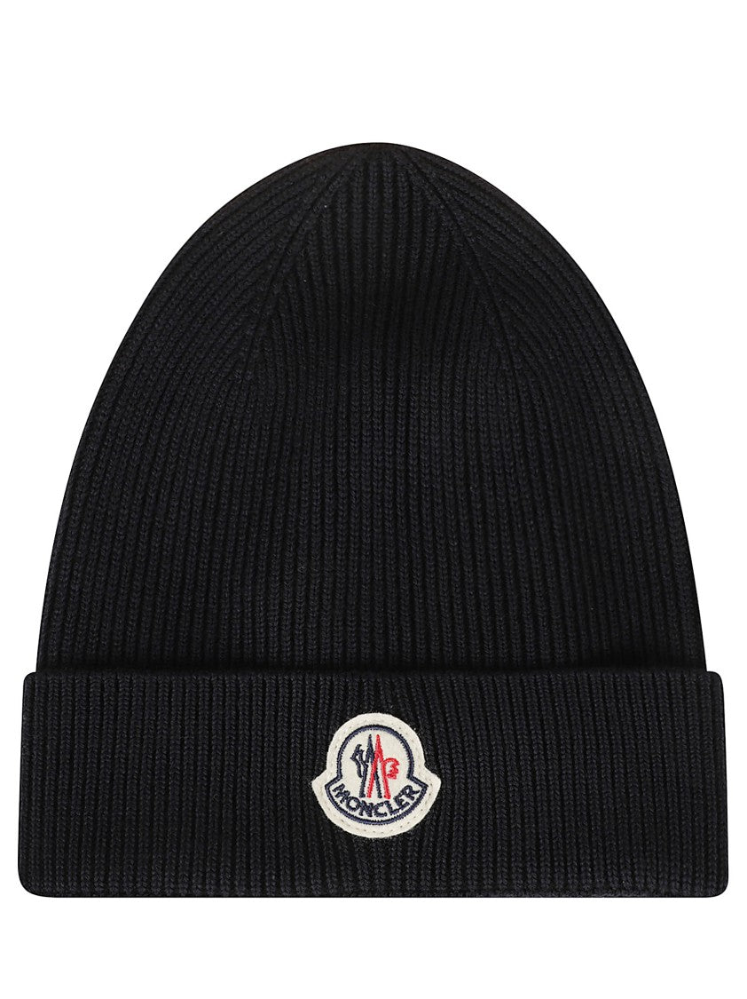 Moncler Ribbed Knit Beanie Hat With Folded Cuff And Logo Patch