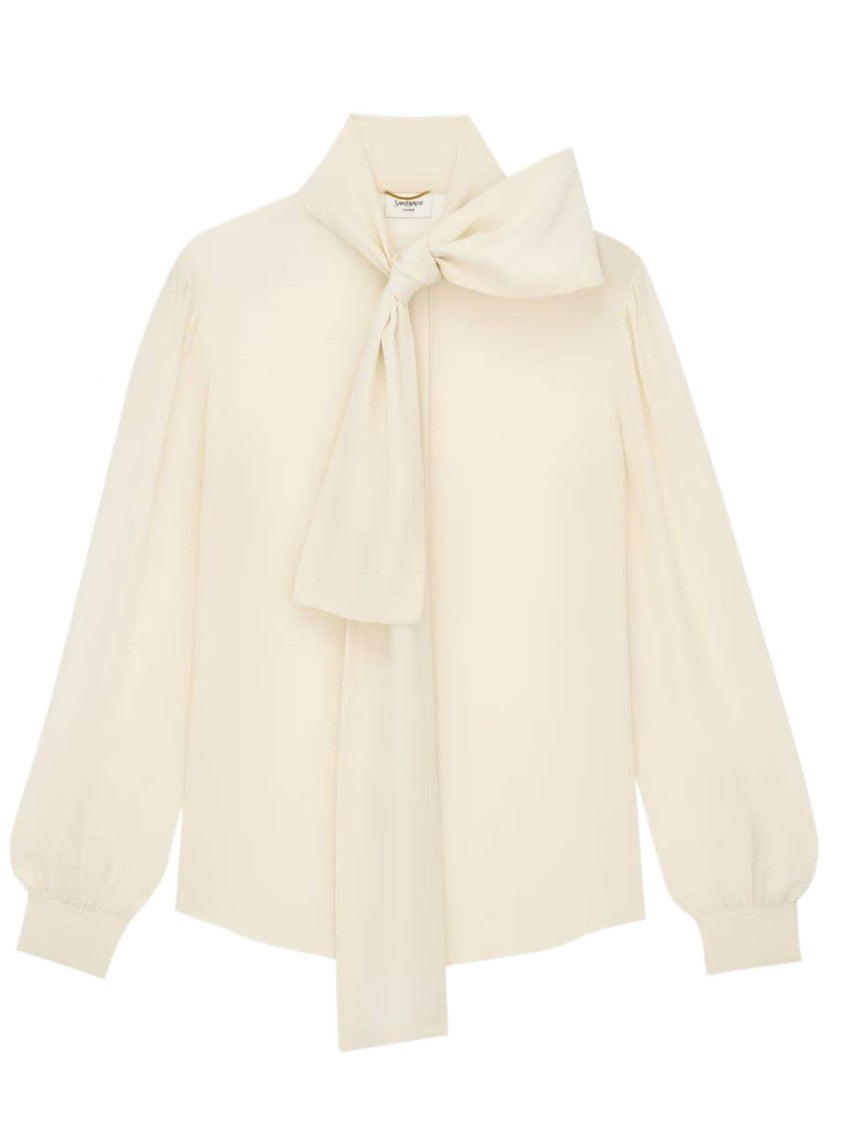 Saint Laurent Tailored Bow-Tie Puffed-Sleeve Blouse