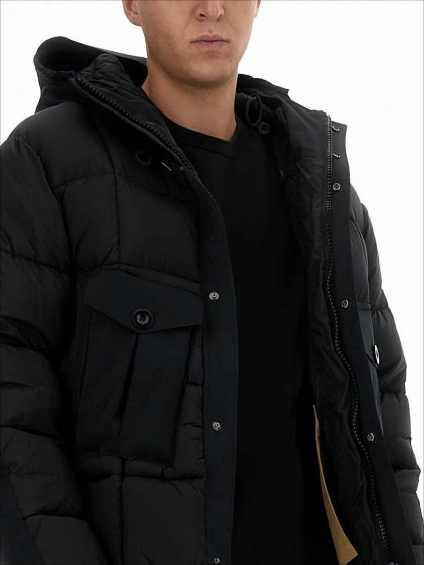 Ten C Boxy Silhouette Black Down Jacket With High Collar And Detachable Hood