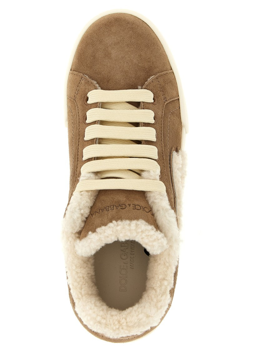 Dolce & Gabbana Suede Sneakers With Shearling Logo And Plush Lining