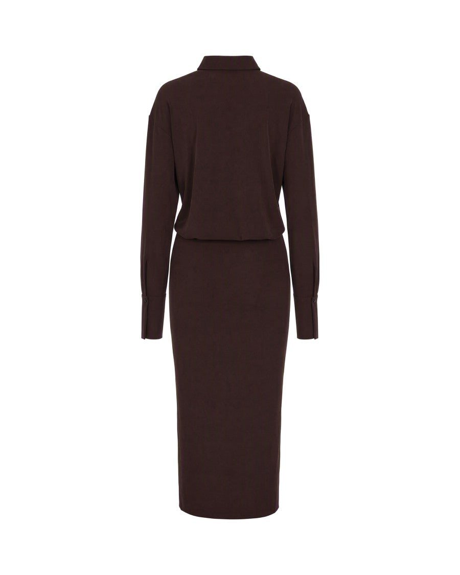 The Andamane Brown Draped Hooded Polyester-Blend Midi Dress