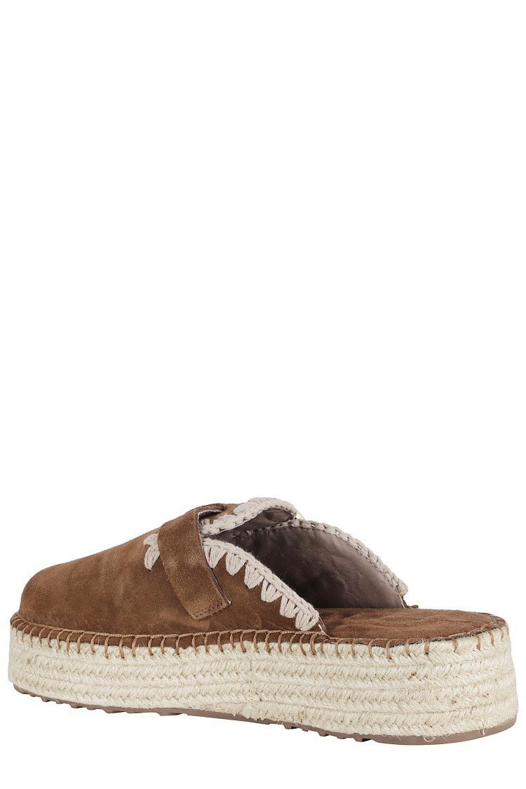 Mou Brown Jute Crochet Trim Adjustable Strap Suede Clogs