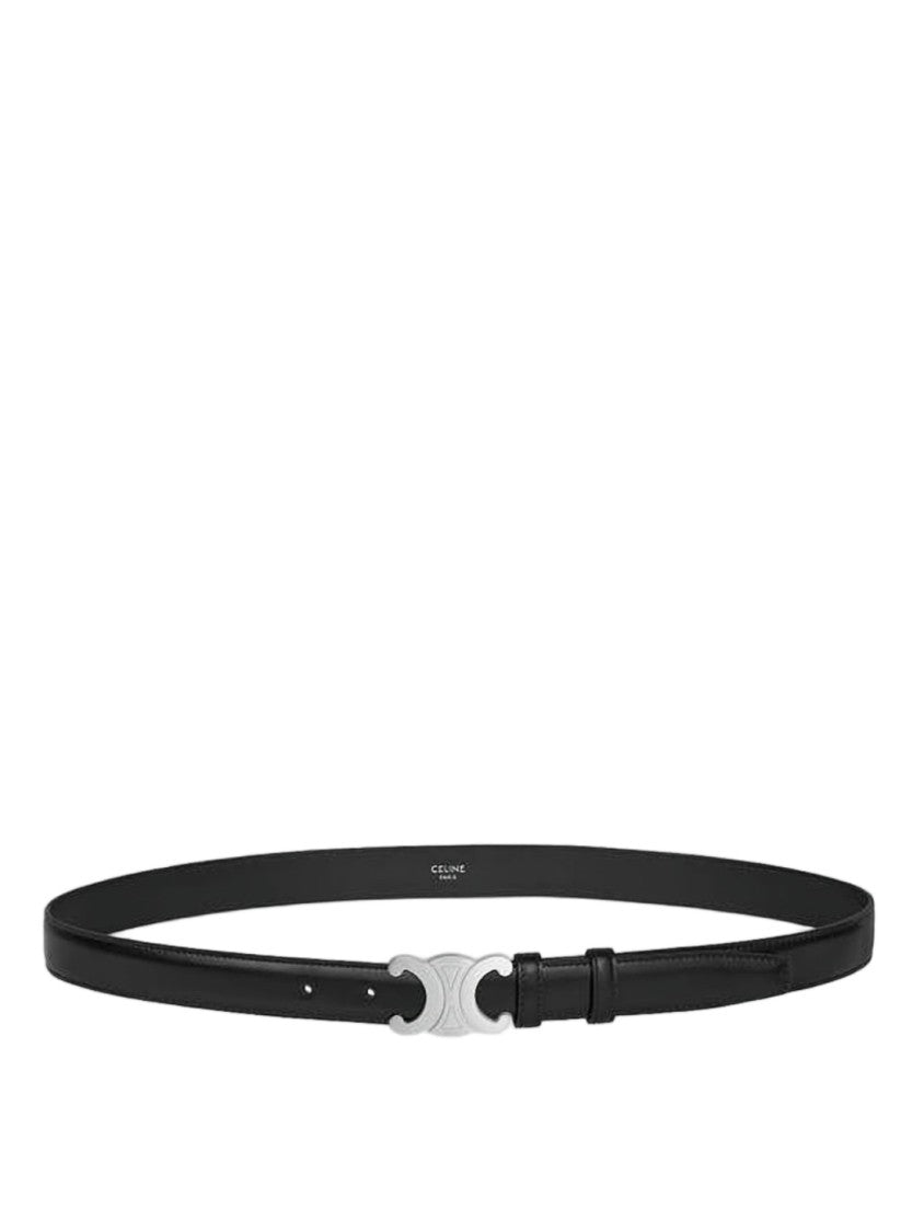 Celine Narrow Black Leather Belt With Distinctive Silver-Tone Buckle