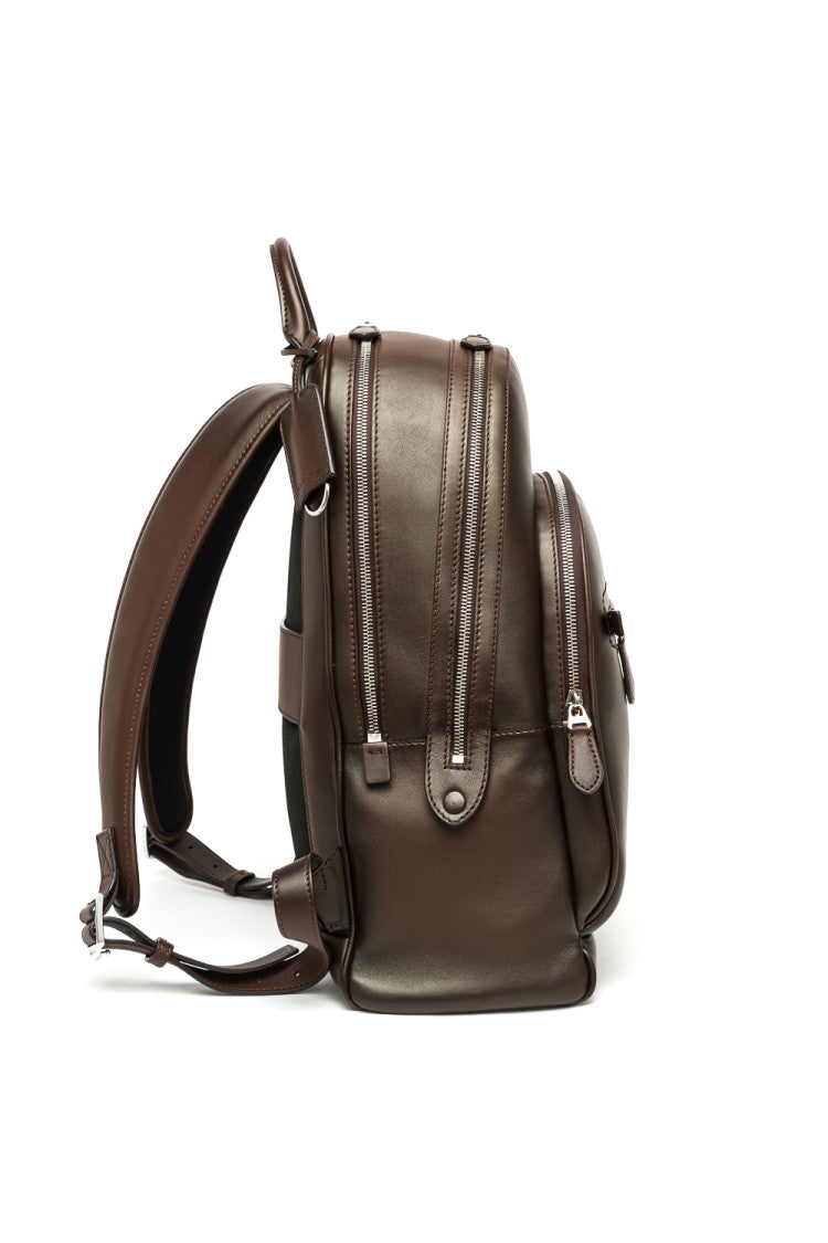 Santoni Artisanal Brown Leather Backpack With Dual Compartments