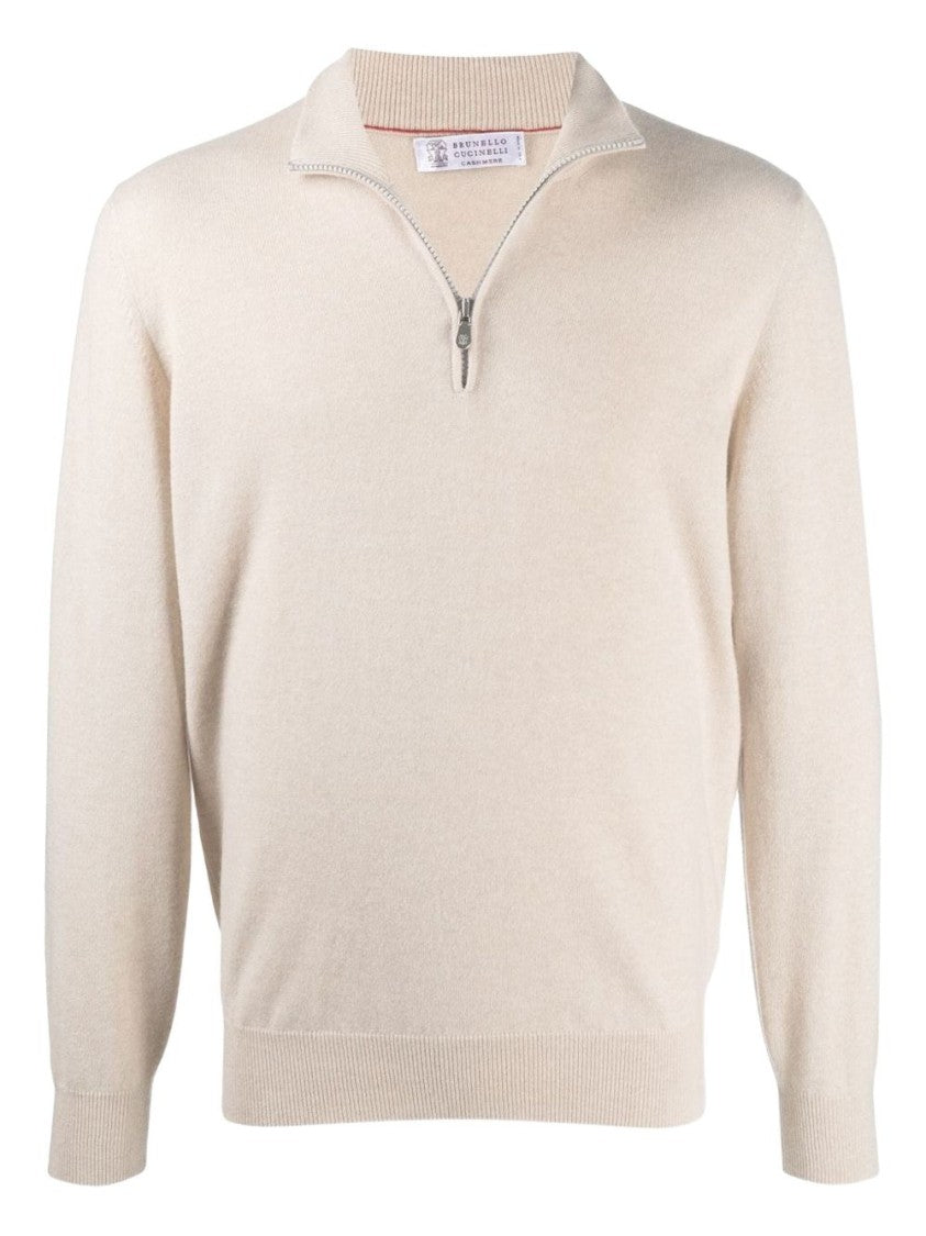 Brunello Cucinelli Half-Zip Neutrals Sweater With Fitted Silhouette