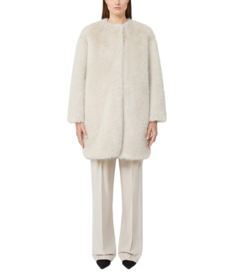 Max Mara Plush Beige Eros Coat With Collarless Design