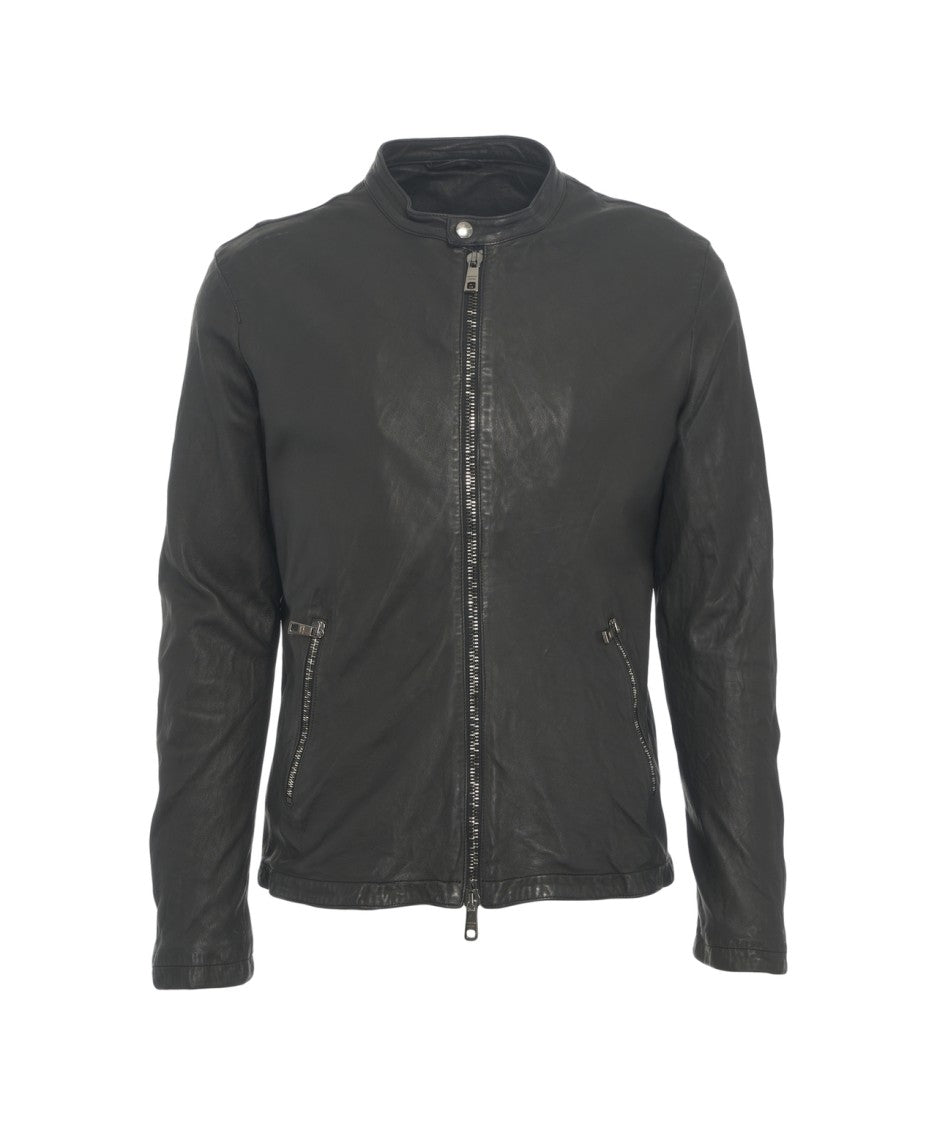 Giorgio Brato Black Leather Jacket With Stand-Up Collar