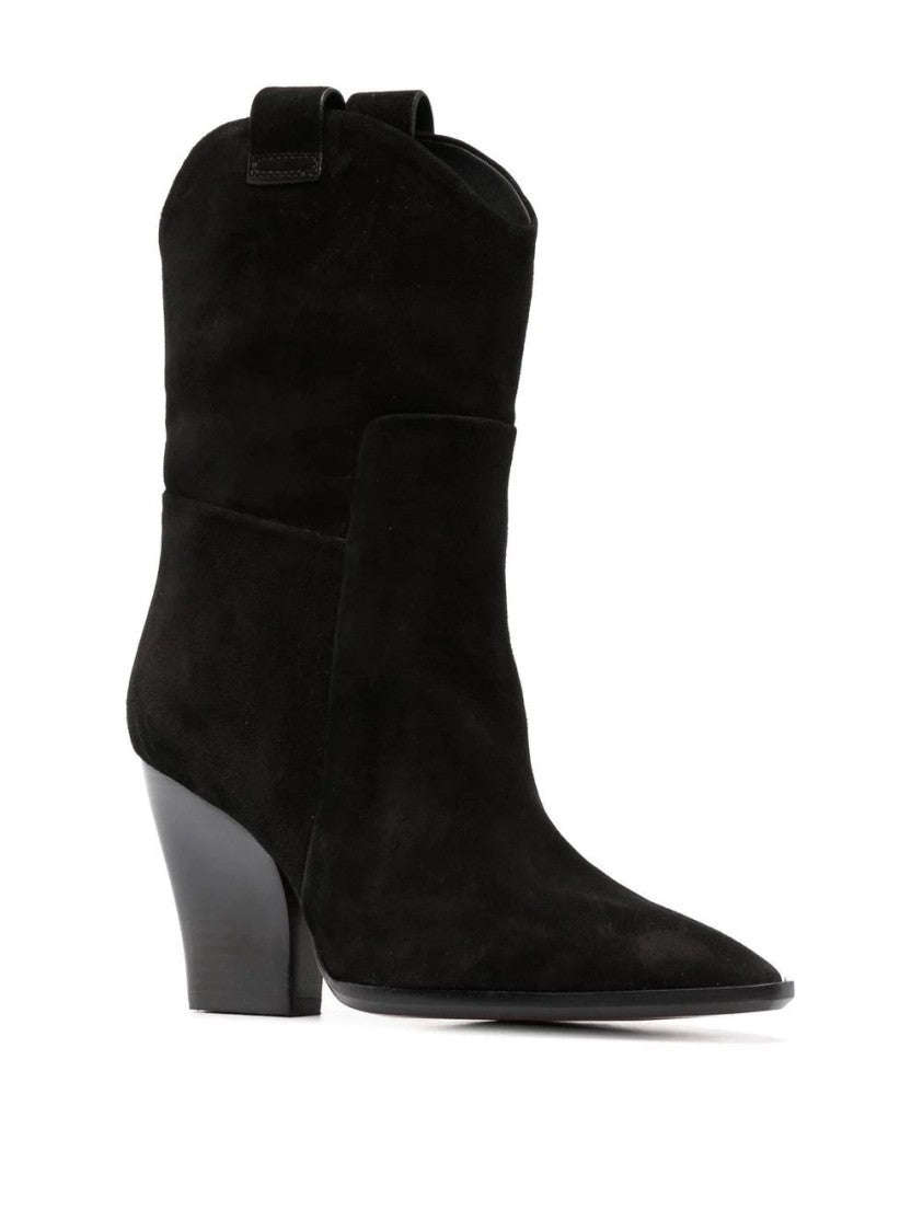 Santoni Pointed Toe Black Suede Ankle Boots With Curved Block Heel