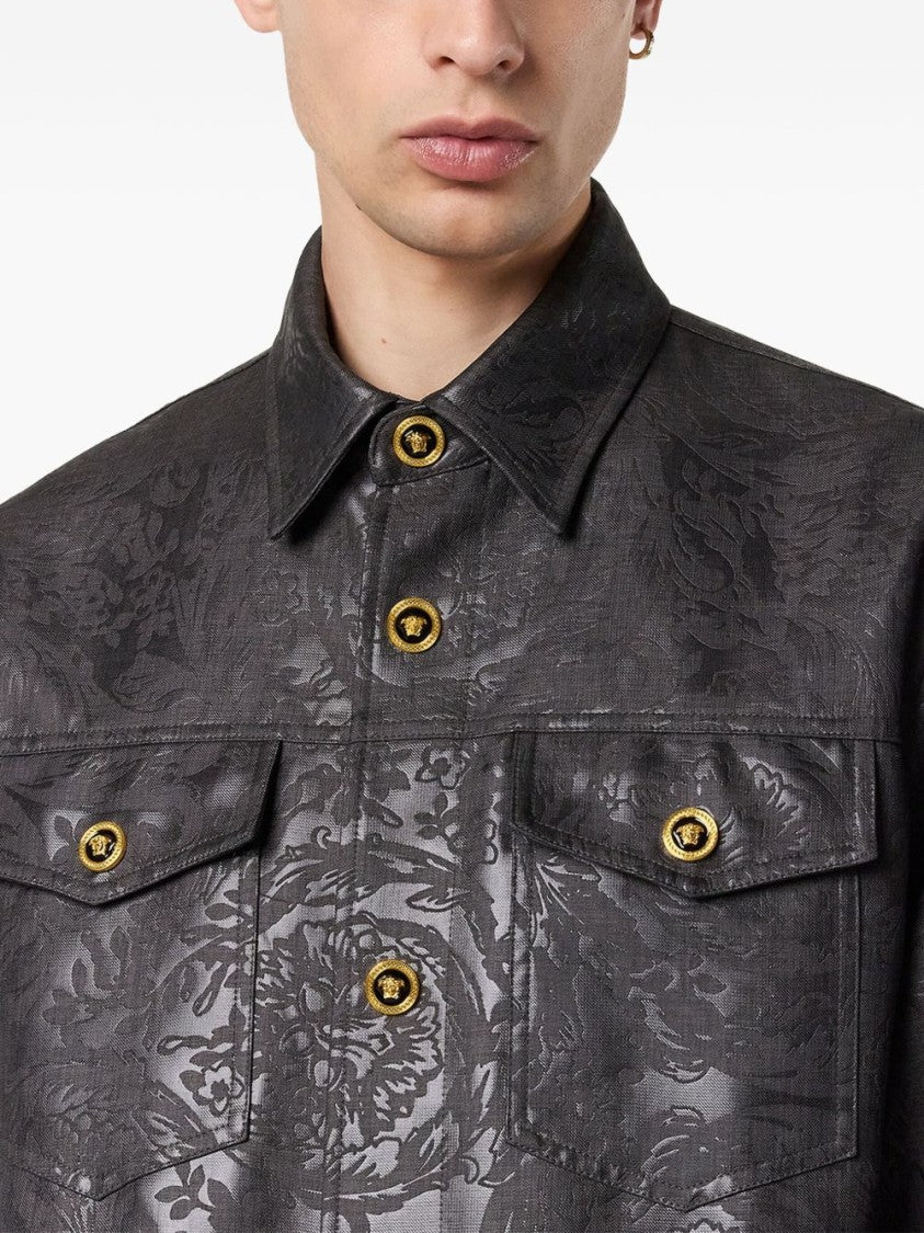 Versace Baroque-Patterned Black Shirt Jacket With Gold Hardware