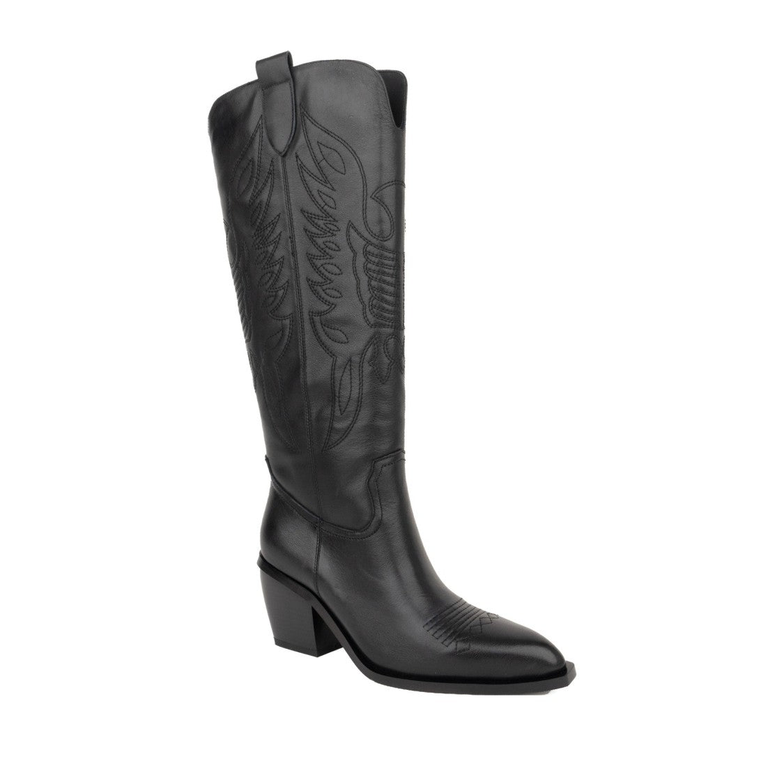 Linda Baumann Black Pointed Toe Intricate Stitching Tall Leather Boots
