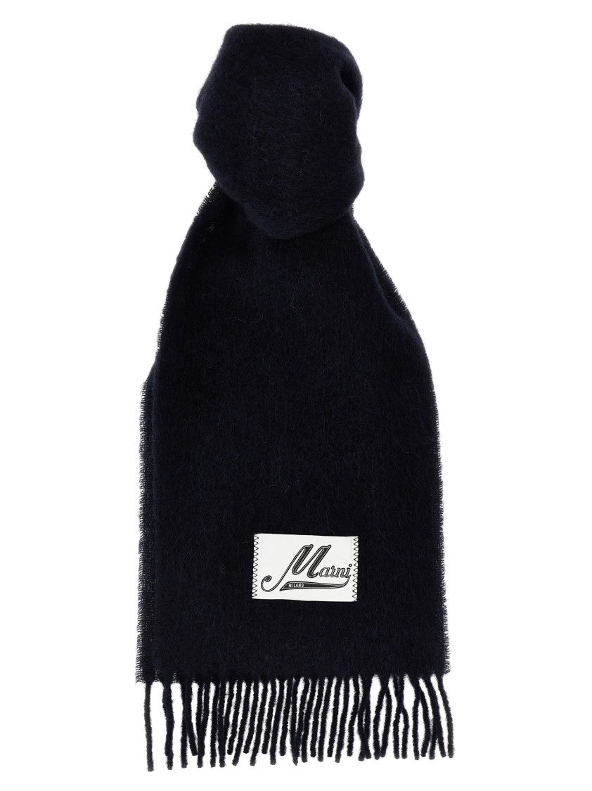 Marni Fringed Wool Blend Scarf With Maxi Logo Patch