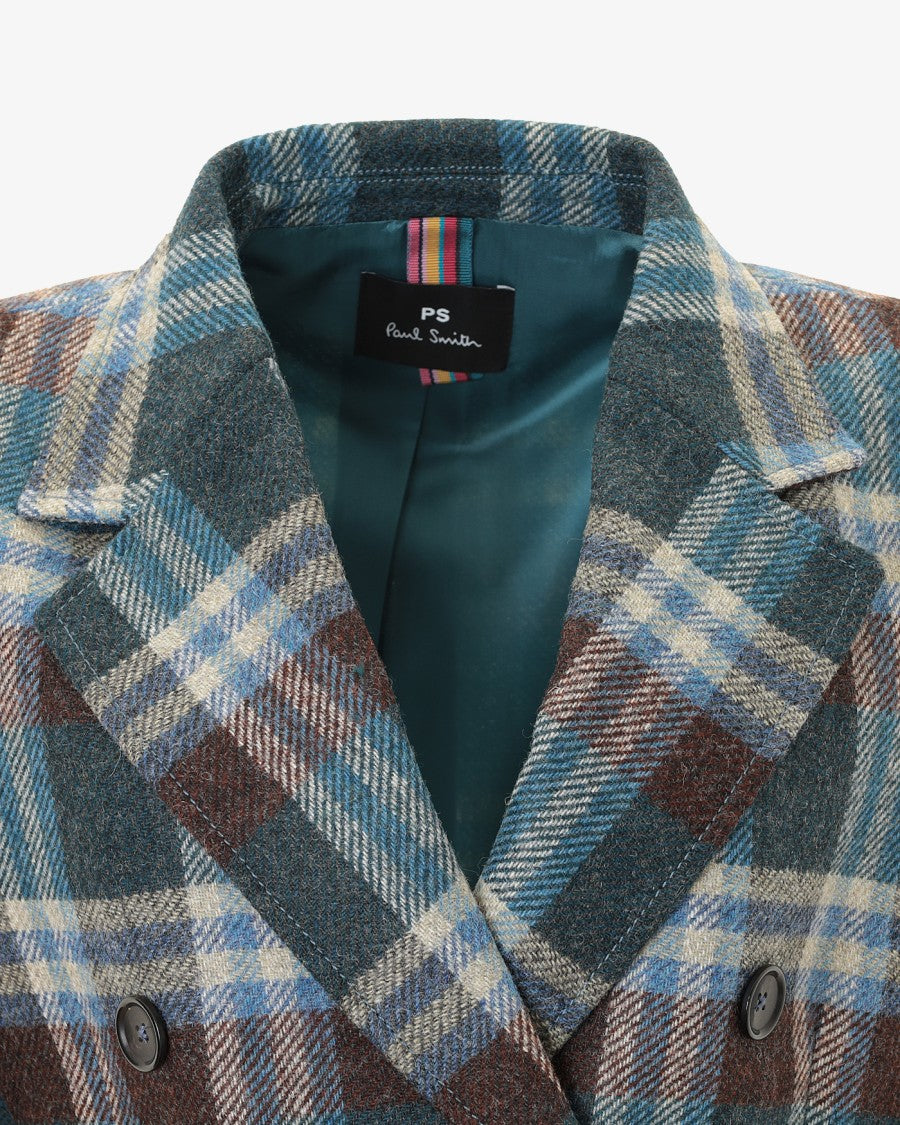 Paul Smith Double-Breasted Green Check Pattern Long Coat