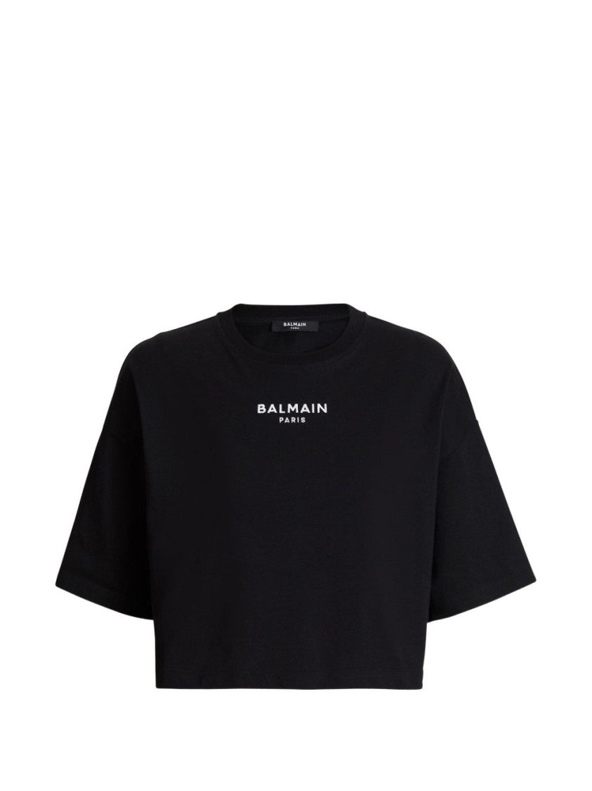 Balmain White Embroidered Cropped Contrasting Logo T-Shirt