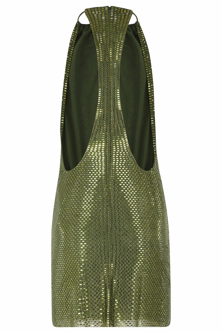 Self-Portrait Green Rhinestone-Embellished V-Opening Mini Dress