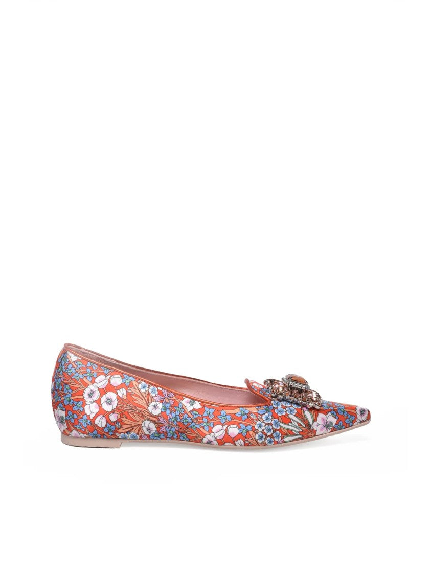 Ras Orange Pointed Toe Jeweled Satin Flats
