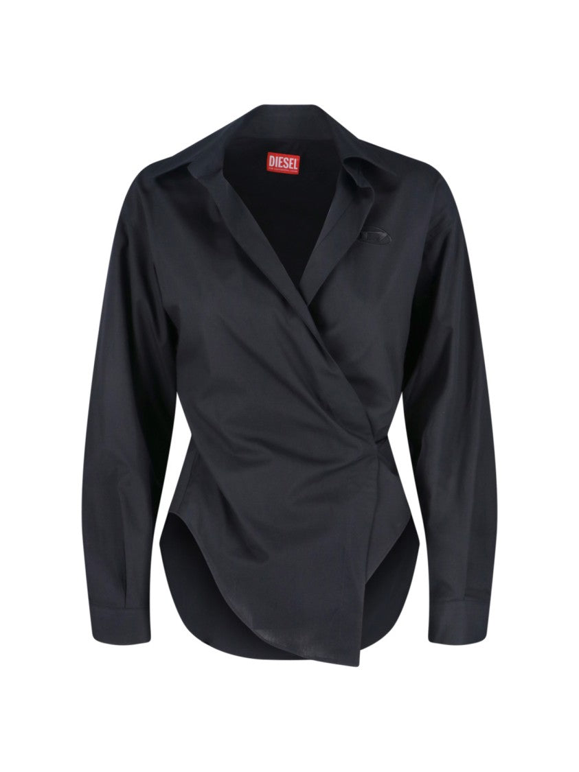 Diesel Asymmetrical Black Cotton Shirt With Curved Hem