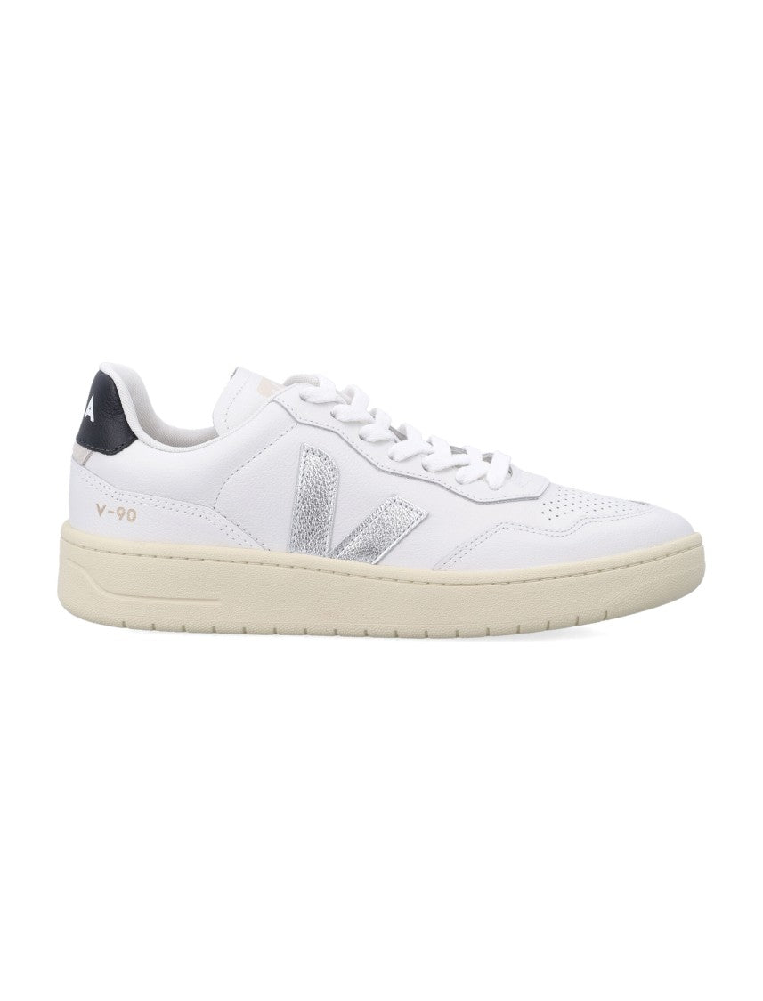 Veja V-90 White And Silver Leather Sneakers