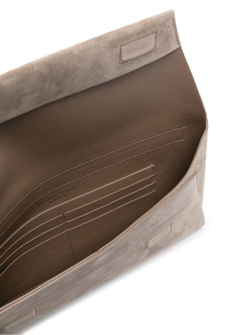 Brunello Cucinelli Suede Finish Clutch Bag With Fold-Over Flap