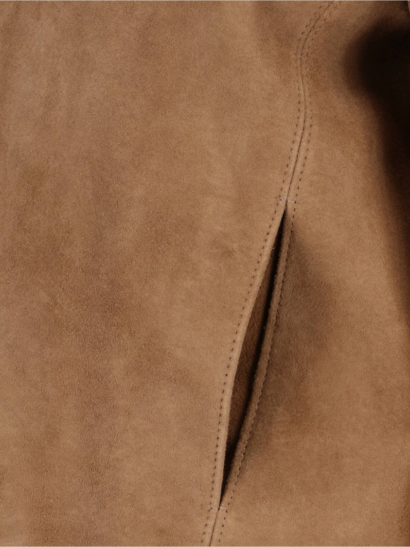 Low Classic Cropped Brown Goat Leather Suede Jacket With Classic Collar