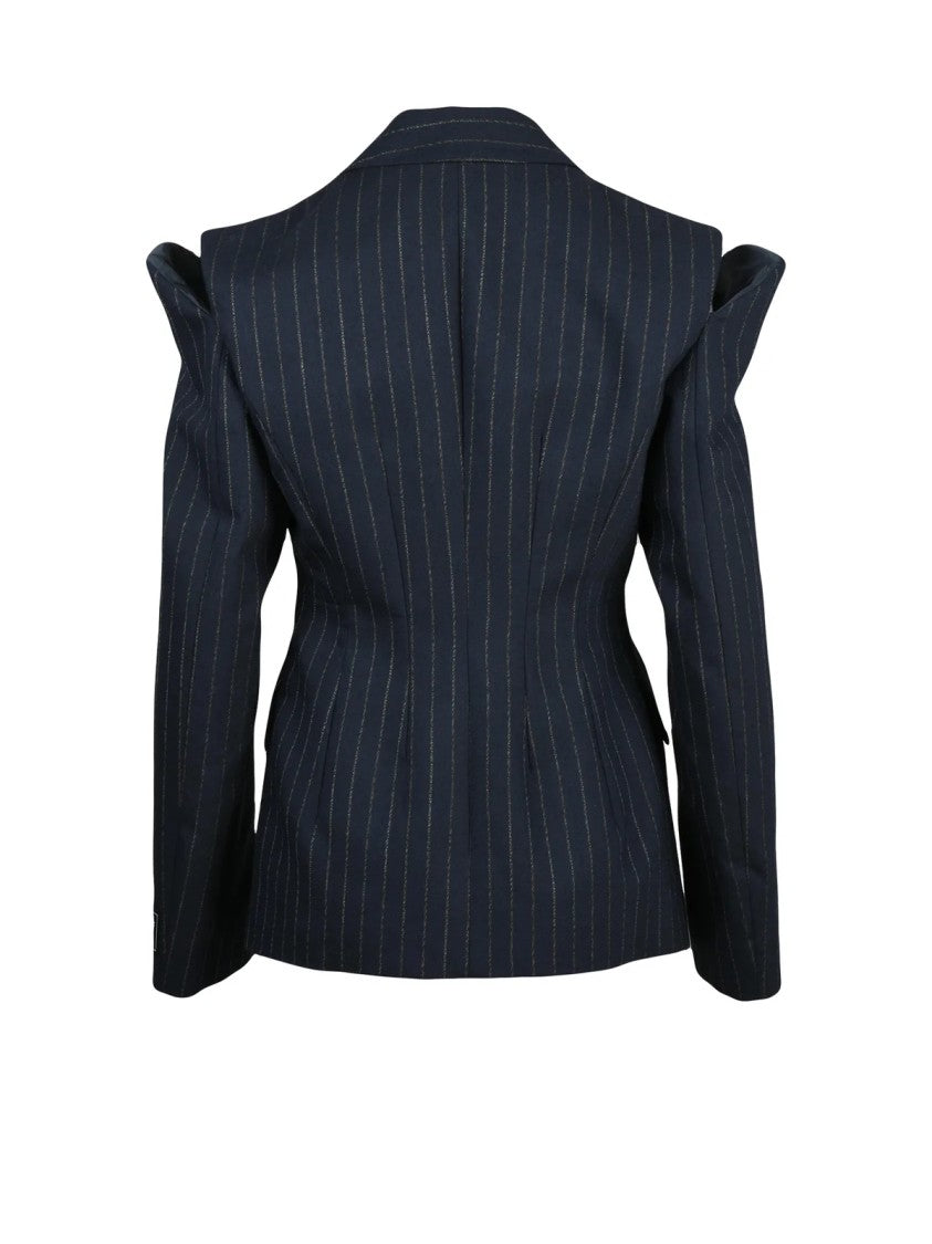 Erika Cavallini Blue Wool-Blend Fitted Pinstripe Jacket