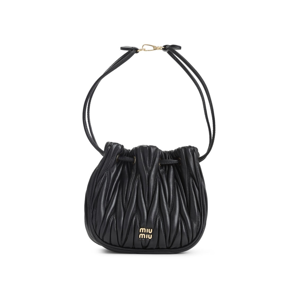 Miu Miu Gathered Black Lamb Leather Clutch With Drawstring Closure