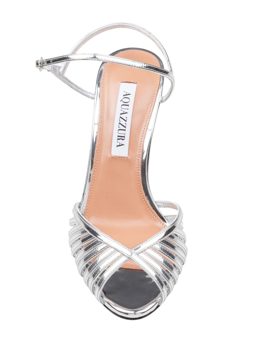 Aquazzura Hold Me 85 Sandal In Mirror-Color Leather, Silver