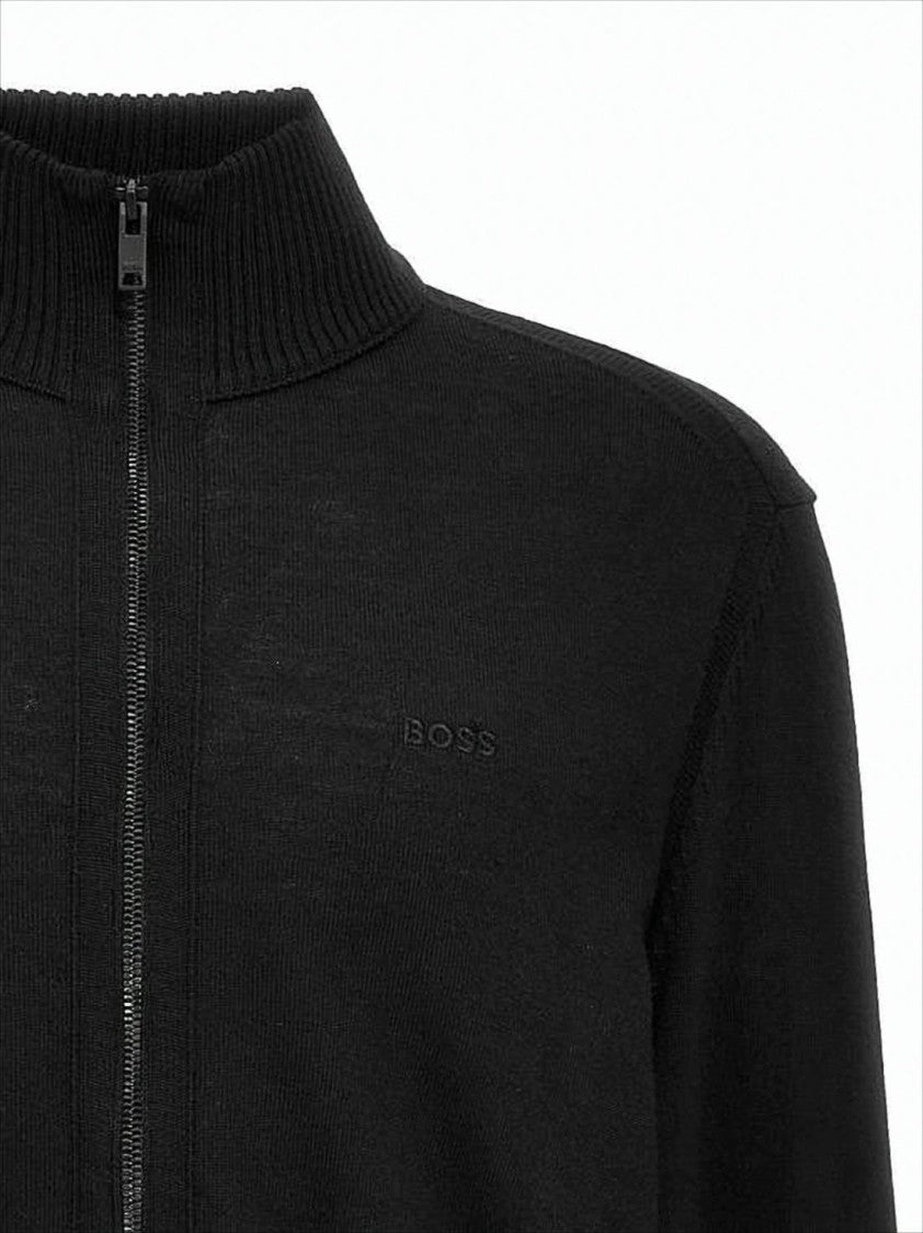 Hugo Boss Full-Zip Black Wool Cardigan With Ribbed Collar