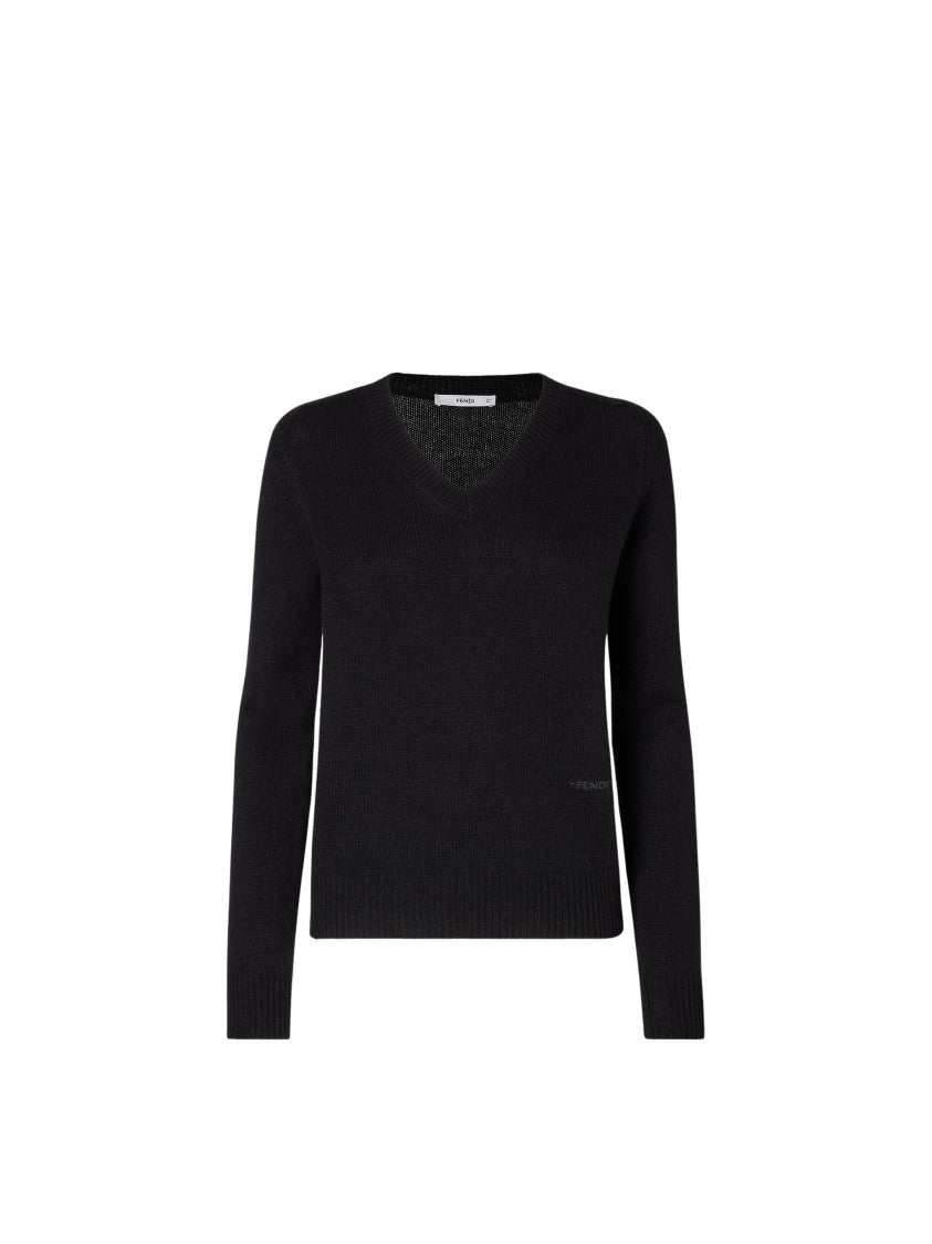 Fendi Black Fitted V-Neck Embroidered Pure Cashmere Sweater