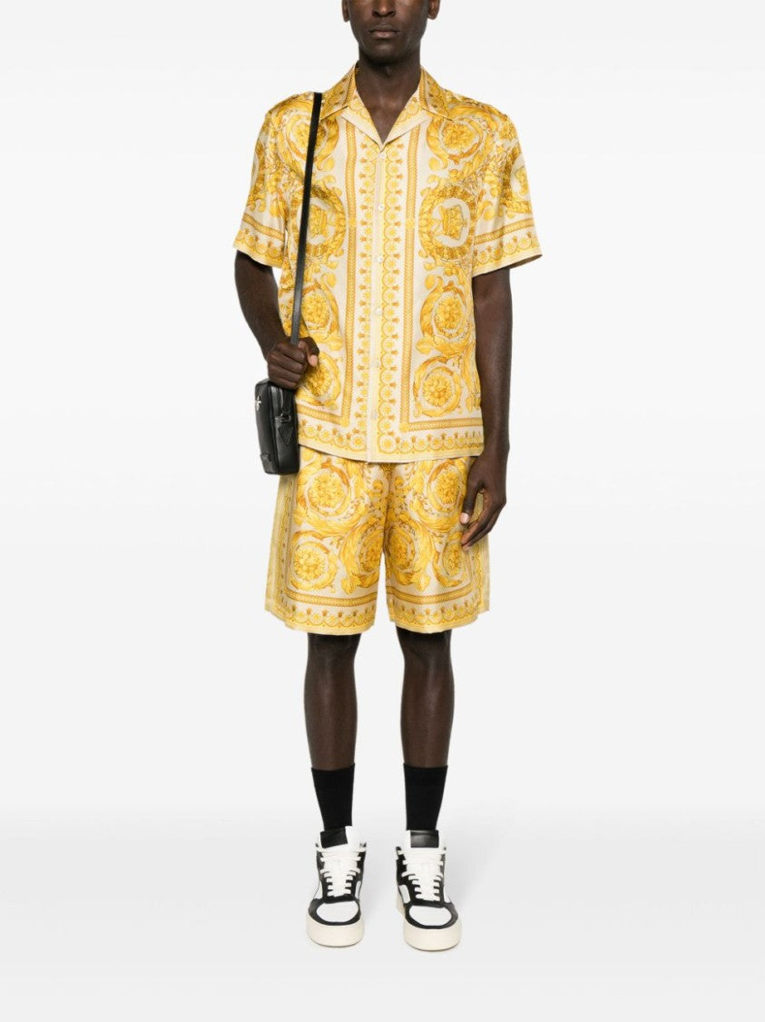 Versace Beige And Yellow Silk Barocco Print Shorts