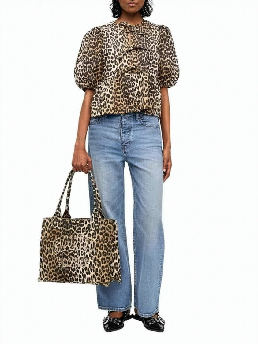 Ganni Leopard Print Organic Cotton Blouse With Puffed Sleeves