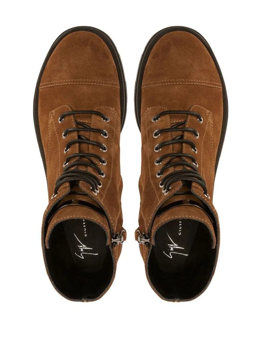 Giuseppe Zanotti Lace-Up Brown Leather Ankle Boots With Side Zipper