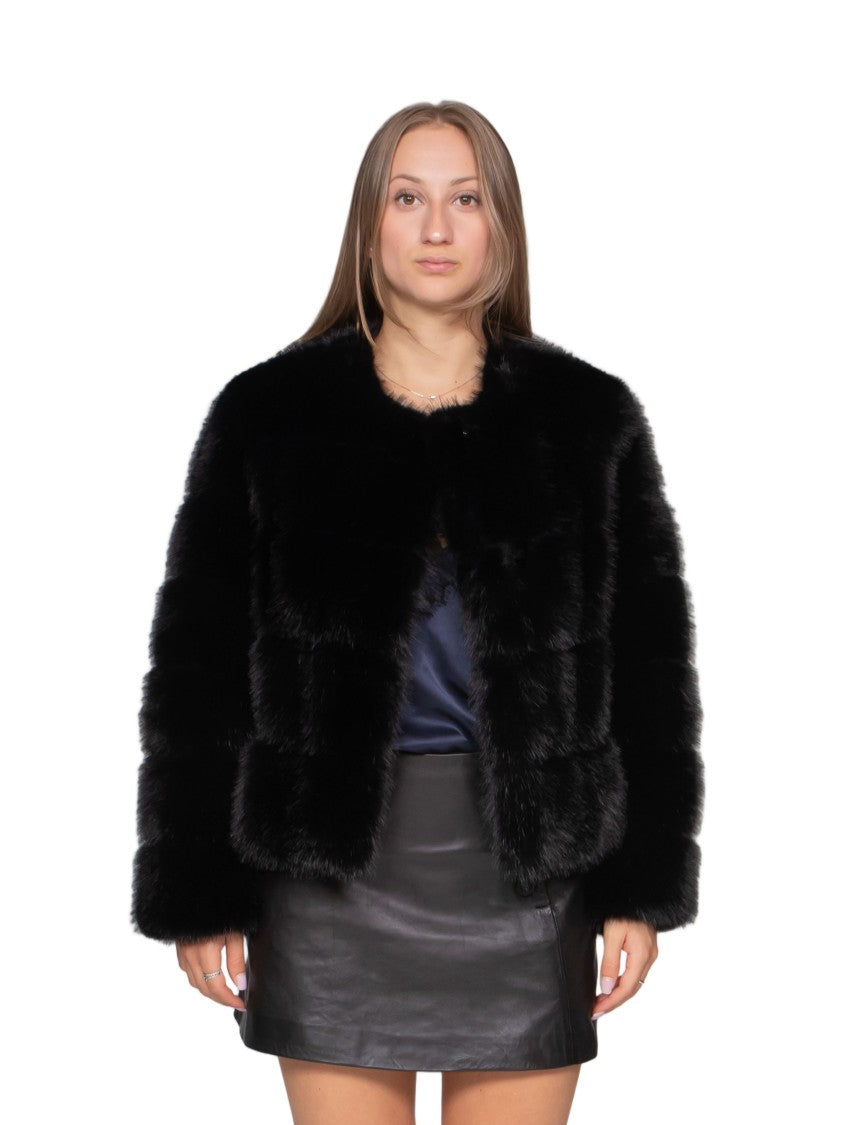 Diego M Black Cropped Faux Fur Bomber Jacket
