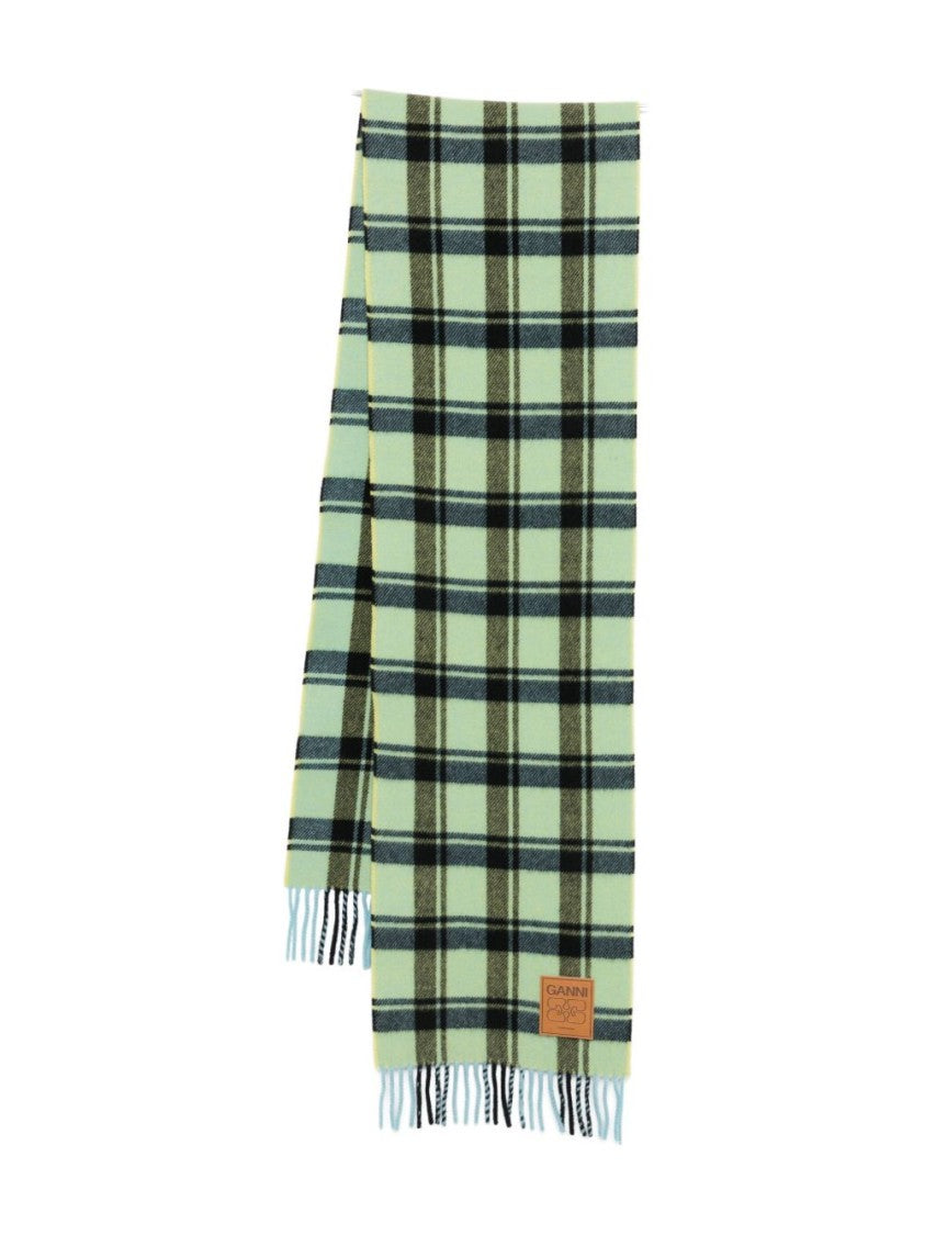 Ganni Plaid Wool Scarf With Fringed Edges