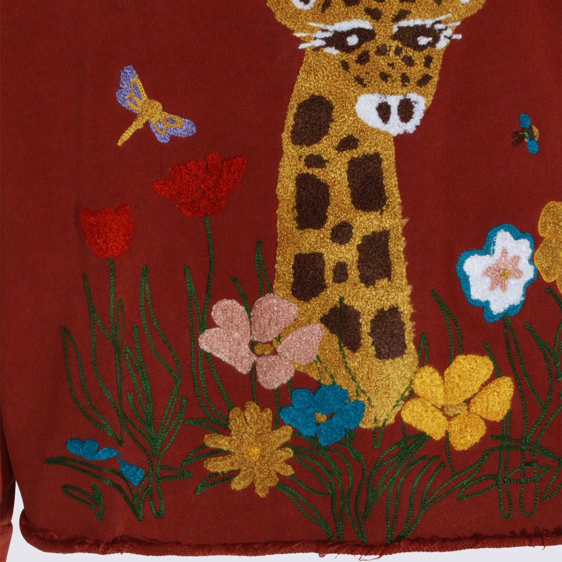 Found Rust-Red Hoodie With Playful Giraffe Embroidery And Textured Design