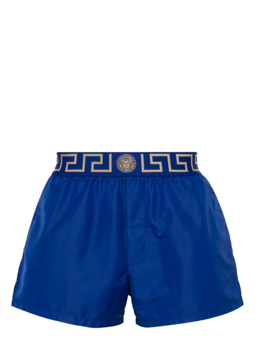 Versace Vibrant Blue Silk And Nylon Shorts With Greek Key Waistband