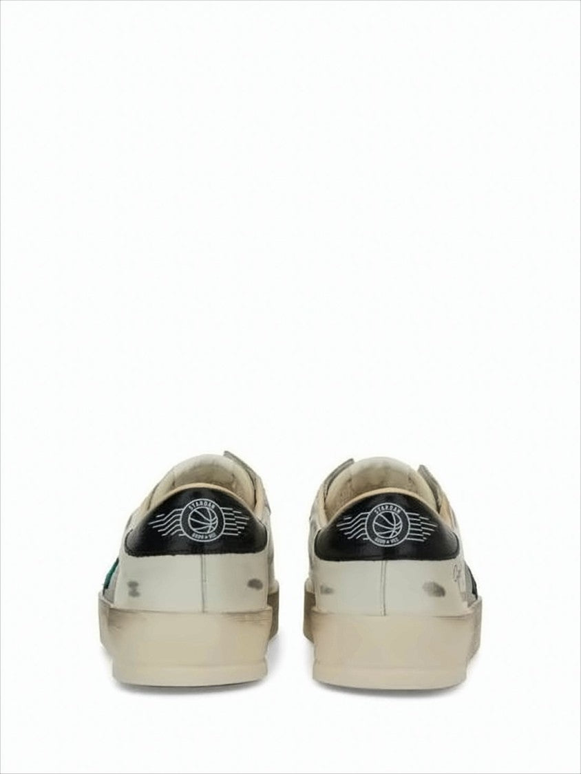 Golden Goose Worn-In White Leather And Suede Low-Top Sneakers With Green Star Detail