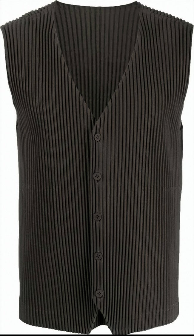 Homme Plissé Issey Miyake Textured Black Vest With Deep V-Neckline
