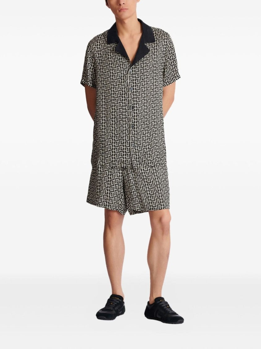 Balmain Black Monogram Button Short Sleeve Shirt