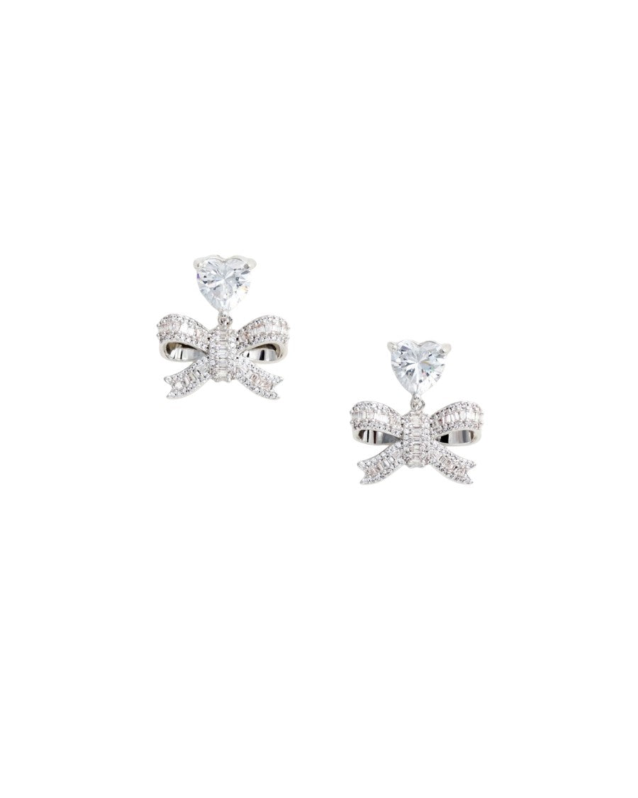 Self-Portrait Crystal Bow Drop Earrings With Heart-Shaped Accents