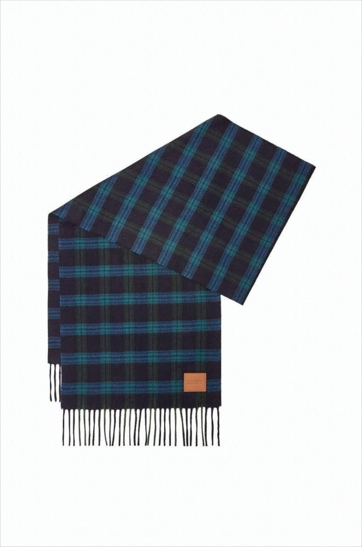 Loewe Tartan Plaid Silk-Cashmere Scarf With Fringed Edges