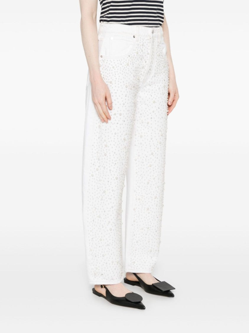Frame Rhinestone-Embellished White Cotton Straight Jeans