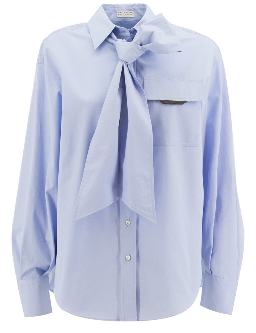 Brunello Cucinelli Celeste Long-Sleeved Shirt With Delicately Knotted Lavallière